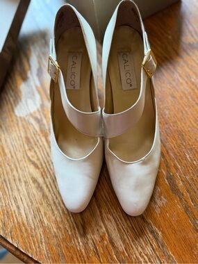 Calico Cream Mary Jane Heels with Gold Buckle
